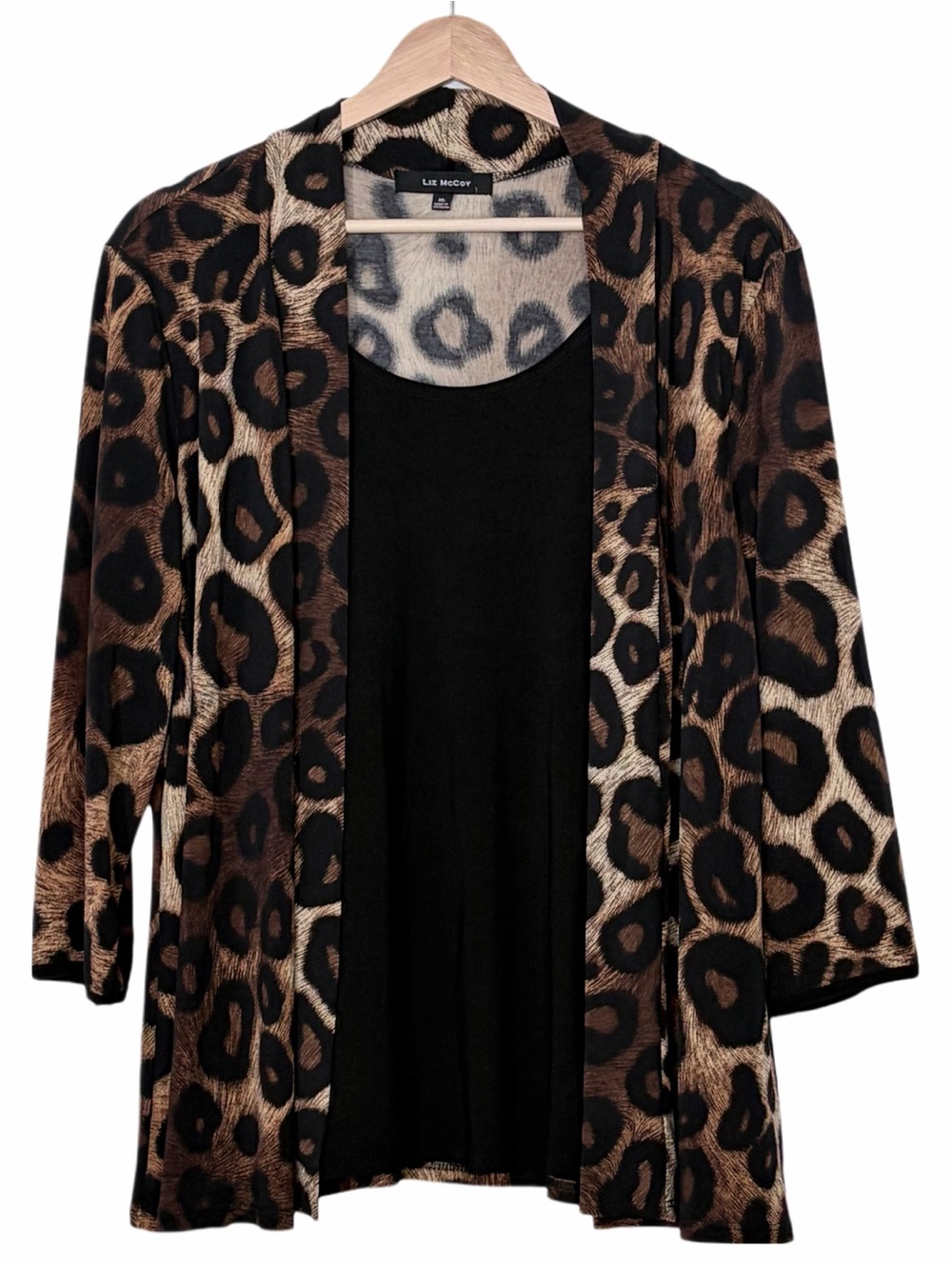 Liz McCoy Brown and Black Leopard Print Layered Look Open Front Cardigan Size XL